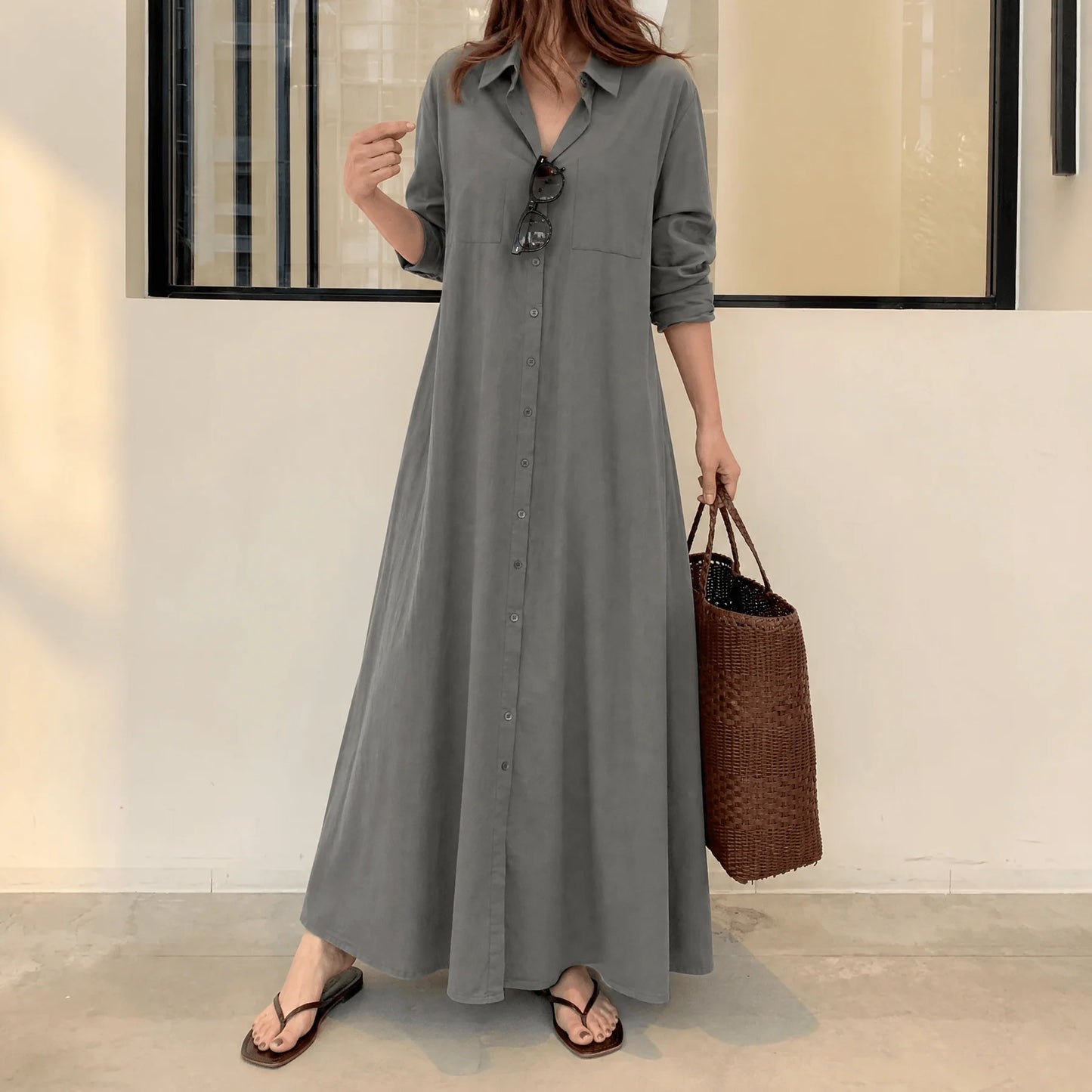 Women's Effortless Maxi Shirt Dress with Pockets