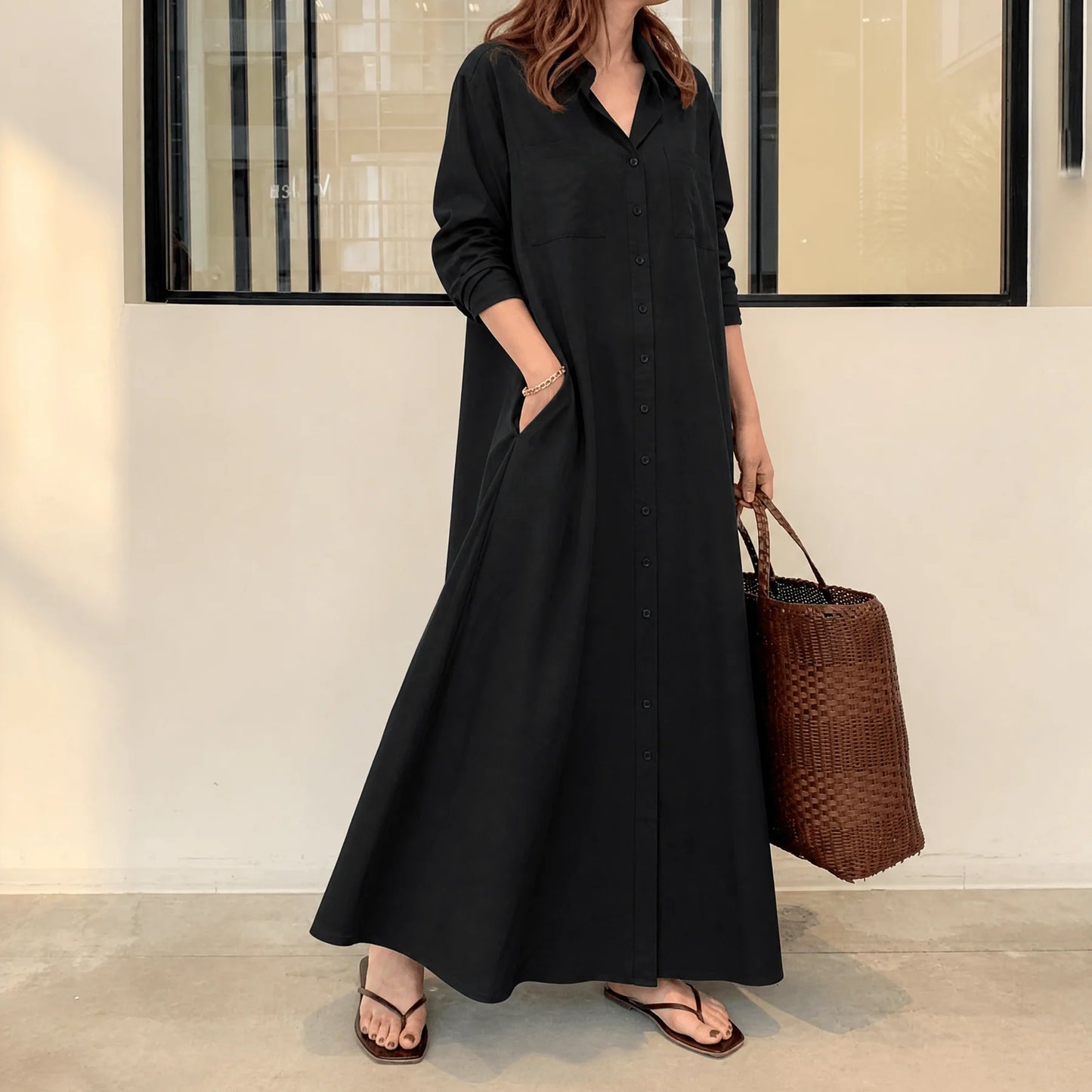 Women's Effortless Maxi Shirt Dress with Pockets