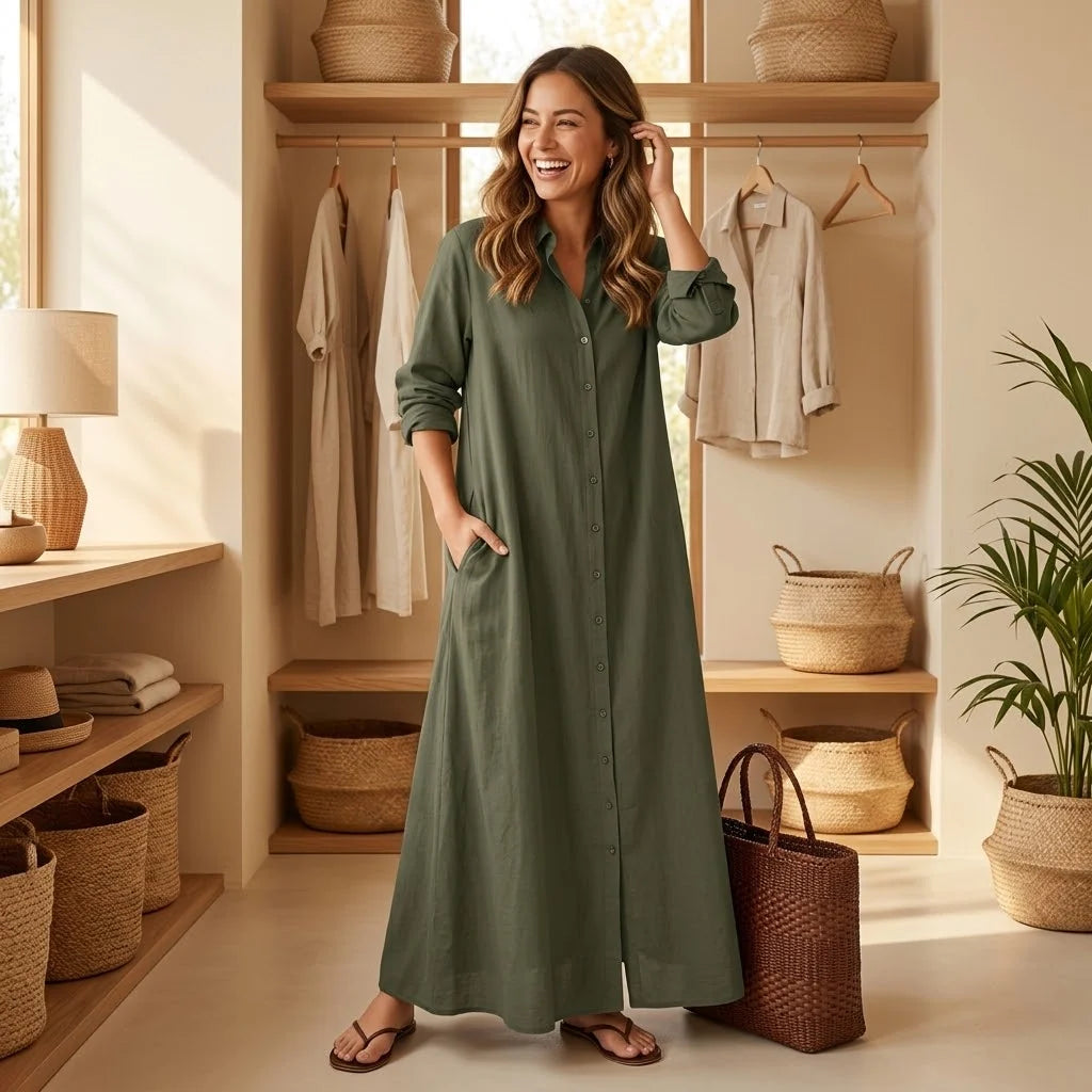 Women's Effortless Maxi Shirt Dress with Pockets